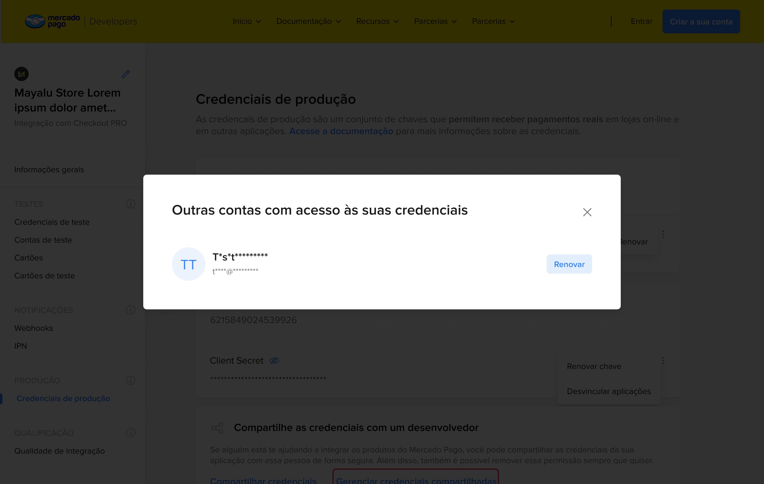 Opção ”Renovar”